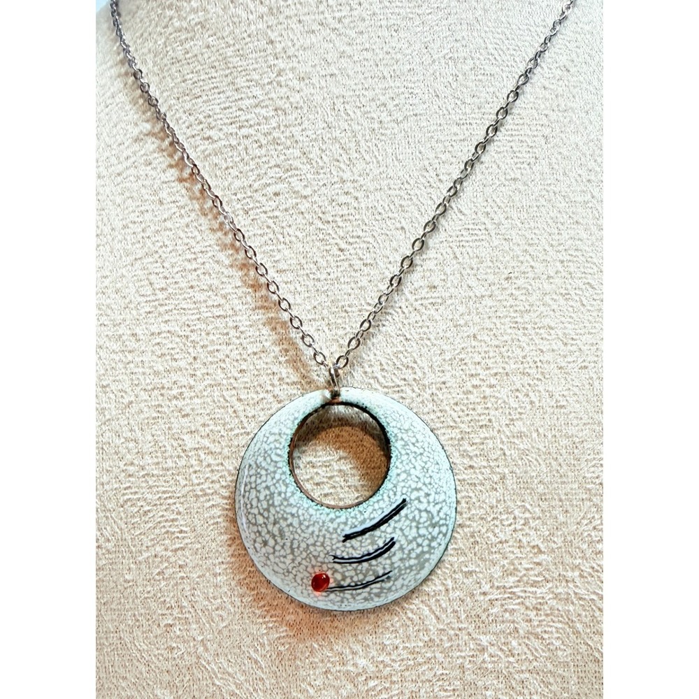 Gray Enamel Abstract Pendant Necklace Red Cabochon Silver Tone Chain 20"